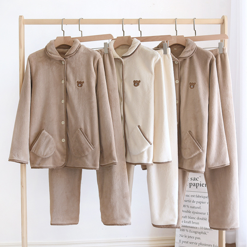 New autumn and winter flannel fabric thickened couples pajamas Japanese solid color cute bear home wear set