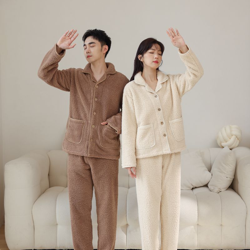 Autumn and winter pajamas for couples thickened granular velvet for men and women new Japanese large size lapel home clothes plus velvet cardigan set