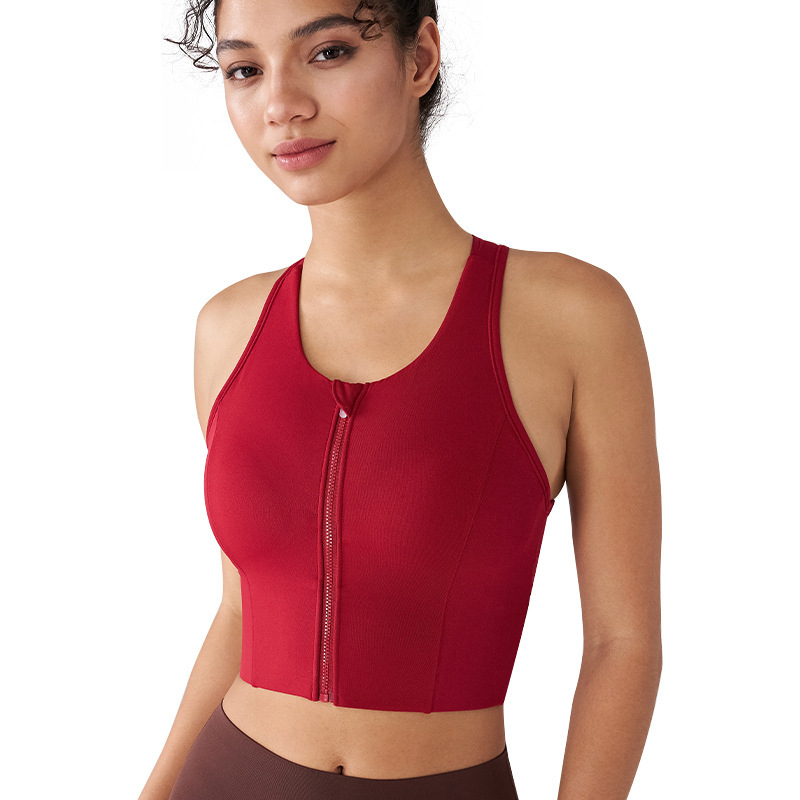 Front zipper sports bra women's Lycra antibacterial high-strength fitness bra shockproof running all-in-one yoga vest