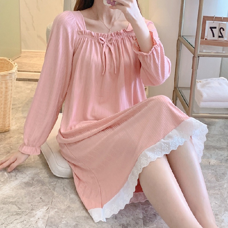 Princess style lace one-line collar long-sleeved nightgown for women mid-length spring and autumn simple 5-color sweet girl knee-length winter