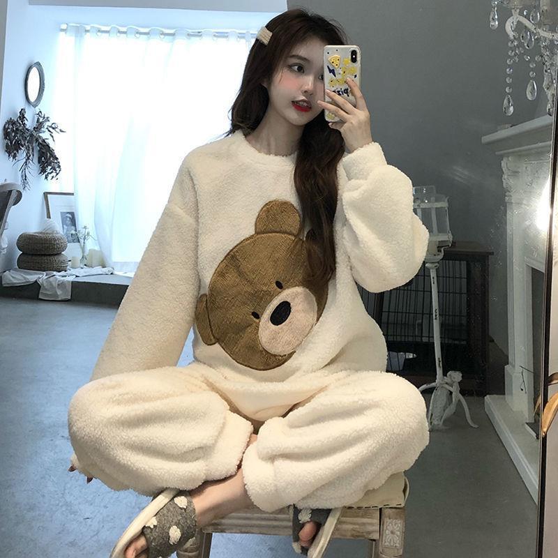 ins flannel pajamas women's autumn and winter Korean version plus velvet thickening sweet pajamas home clothes casual two-piece set