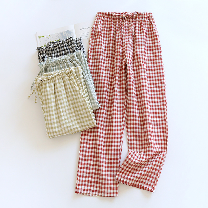 Men and women spring, summer and autumn pure cotton gauze pajamas small plaid couple style home pants pure cotton double layer cotton gauze thin style