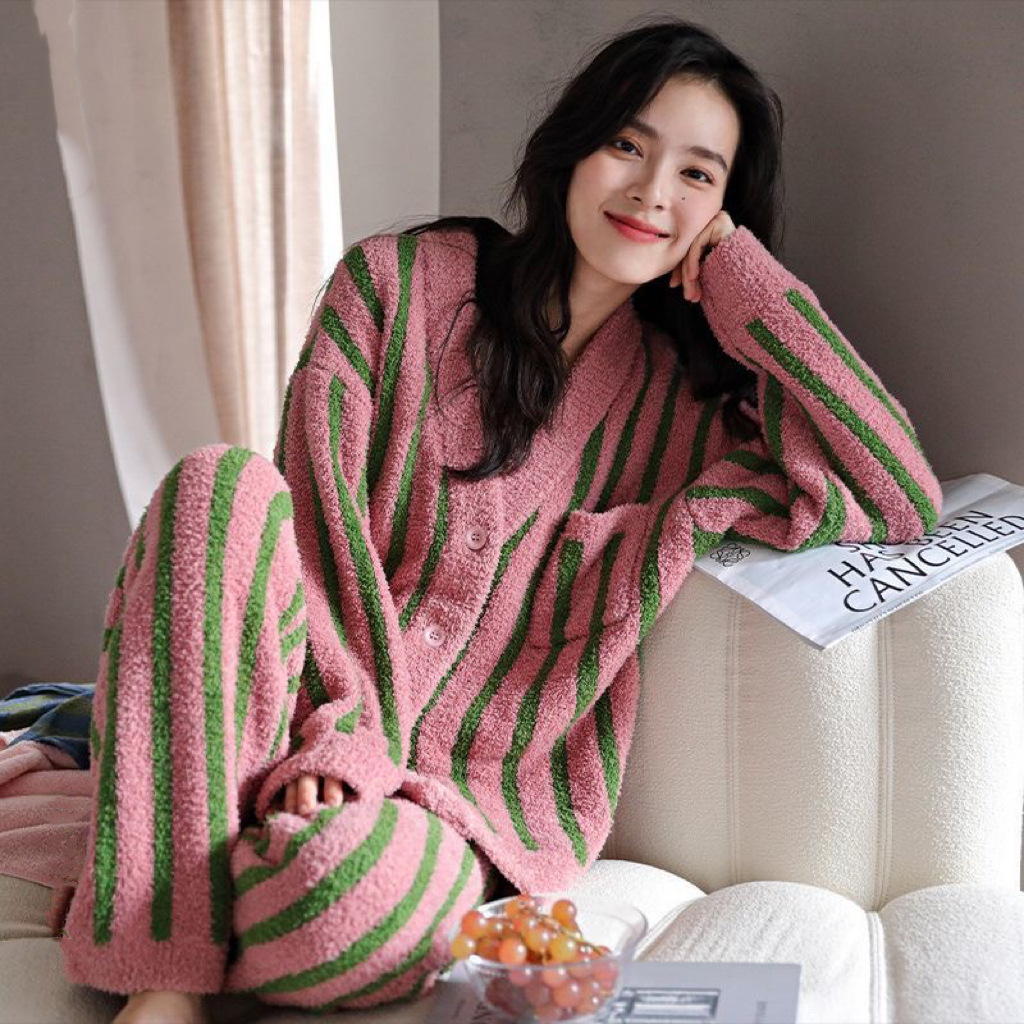 New autumn and winter women's cardigan soft cashmere warm thickening contrast stripe home wear coral velvet two-piece set