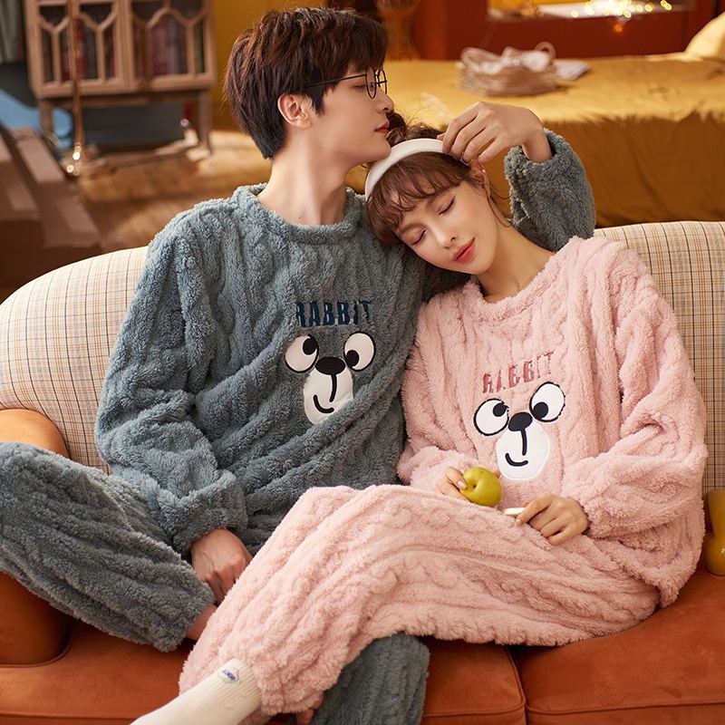 Couple flannel pajamas winter thickened cartoon men and women warm and cute coral velvet home clothes autumn and winter