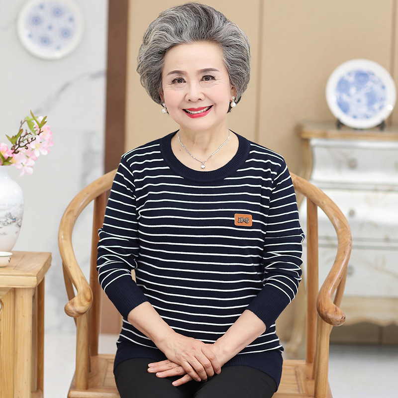 60-year-old mother striped long-sleeved T-shirt, middle-aged and elderly women's autumn clothing, new bottoming shirt, grandma's round neck thin sweater