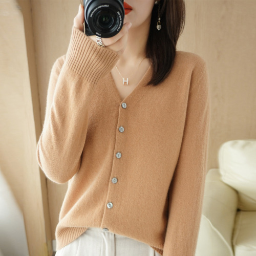 Wool blended new spring and summer women's loose v-neck solid color short knitted cardigan coat sweater air-conditioning shirt