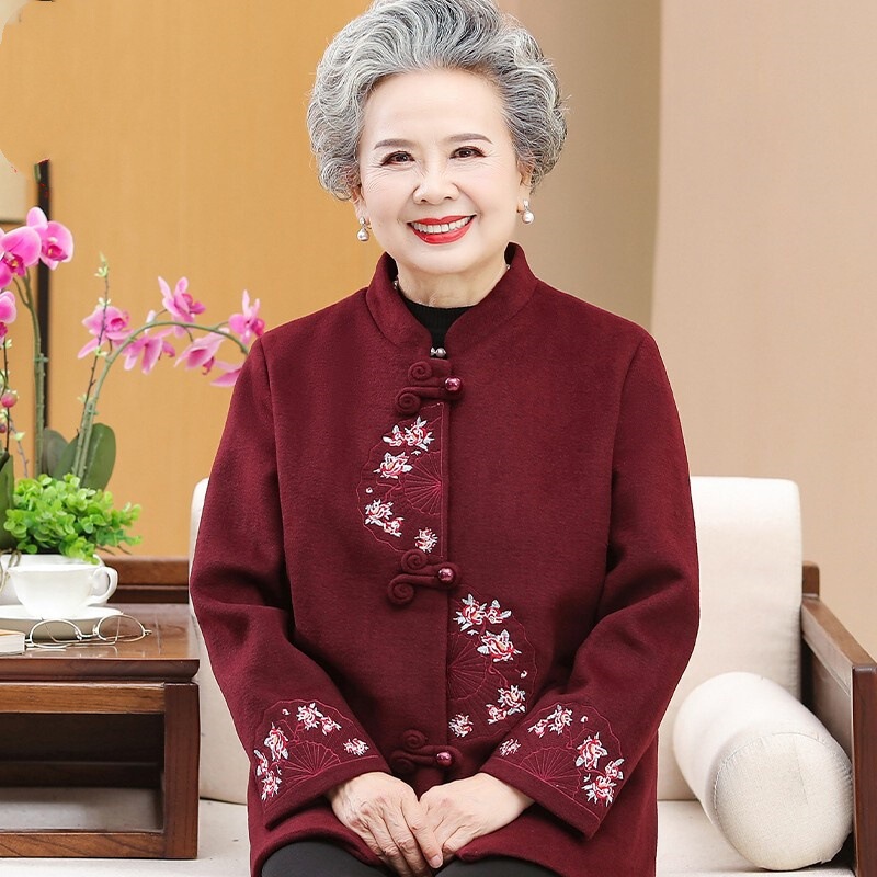 Grandma's autumn coat, middle-aged and elderly women's woolen mother's clothing, spring and autumn tops, old lady's wedding banquet outfit, Tang suit