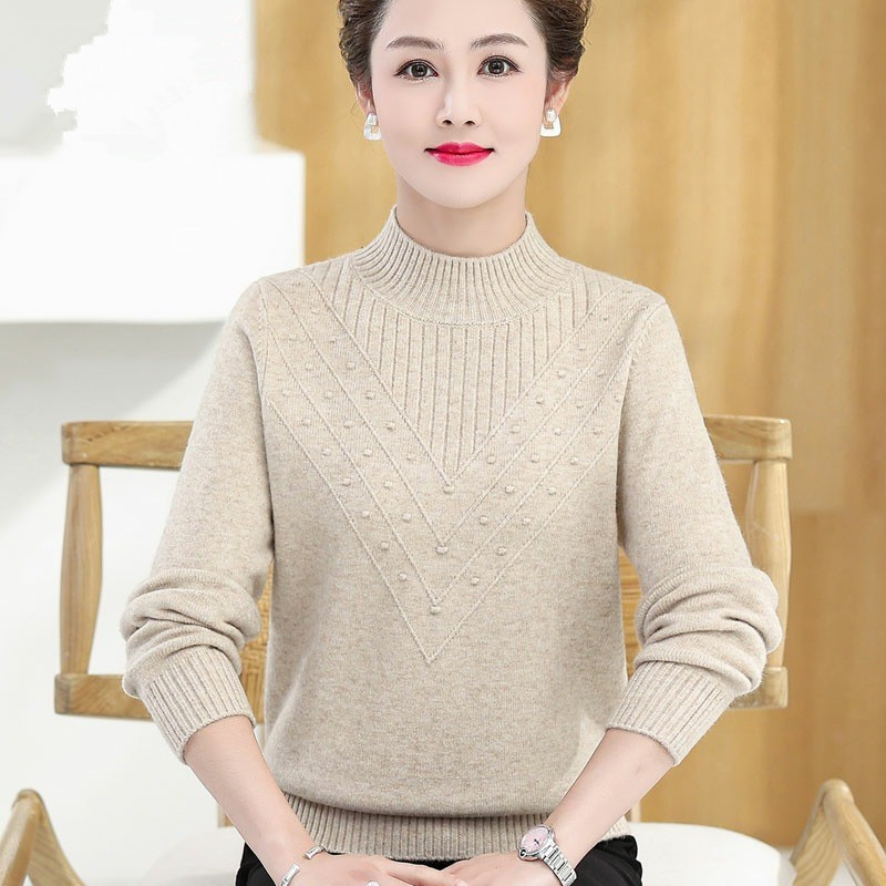 Middle-aged and elderly women's autumn and winter half-turtleneck sweaters, new mother's clothing, stylish inner layer, solid color thickened sweaters