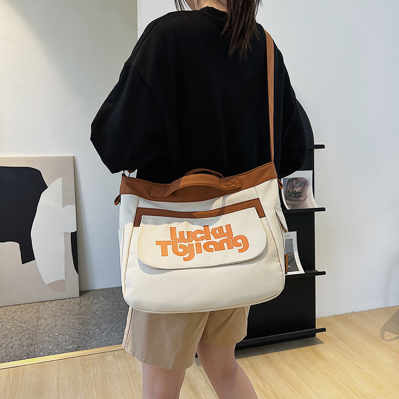 Large-capacity commuter bag Japanese ins student class crossbody bag contrasting color versatile niche canvas bag