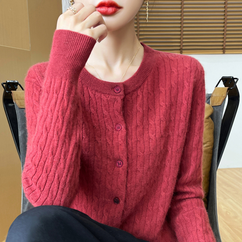 Knitted Cardigan Women's Autumn and Winter Round Neck Twisted Sweater Cardigan Heavy Industry Twist Cardigan Jacket Women's Bottoming Sweater Wholesale
