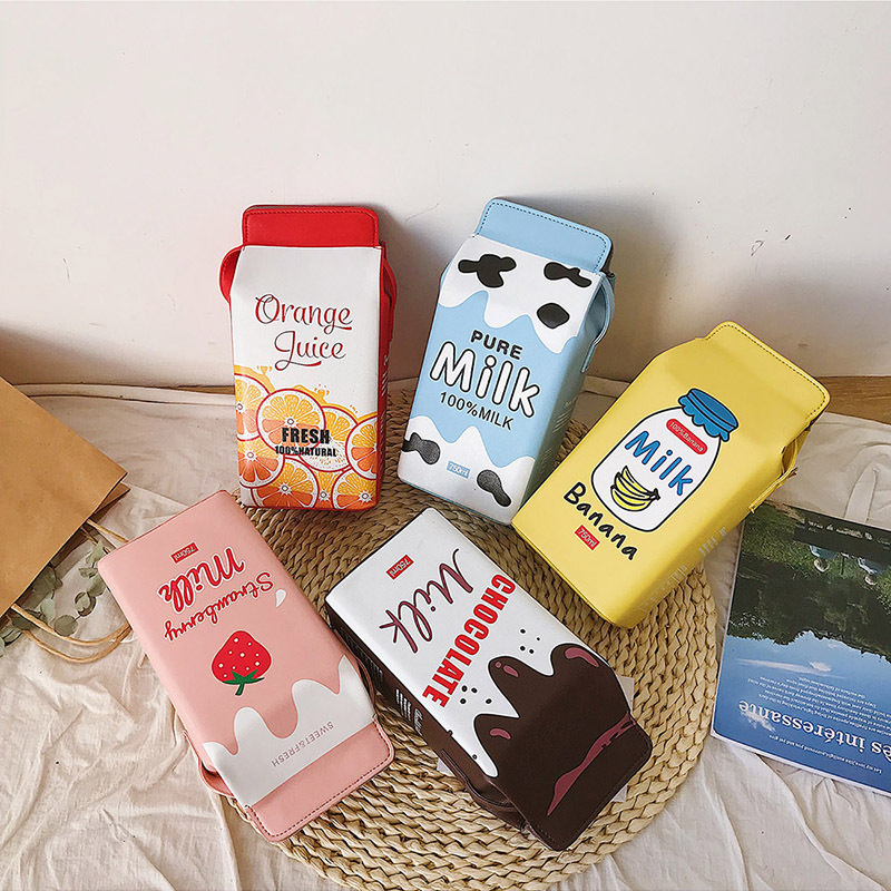 Korean version of creative, cute and fun simulated milk box, fresh and sweet fruit print, shoulder crossbody girl student bag