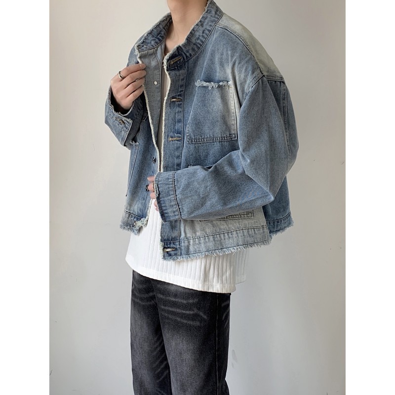 Korean style niche raw edge gradient shoulder pad denim jacket men's autumn new versatile jacket loose top