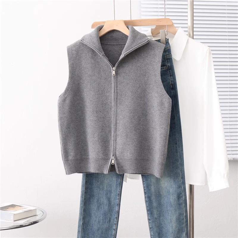 Retro stand-up collar waistcoat knitted vest for women autumn and winter new cardigan jacket design loose zipper sweater vest