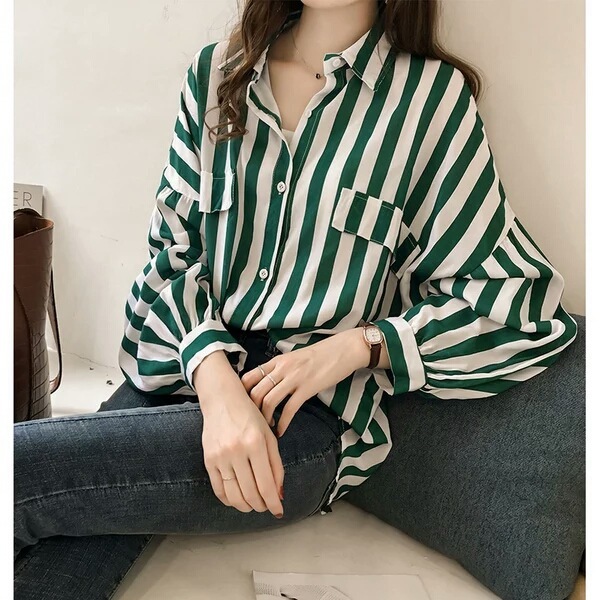 Early autumn women's new style 2024 Hong Kong style loose large size bf striped shirt women's long-sleeved chic top thin jacket
