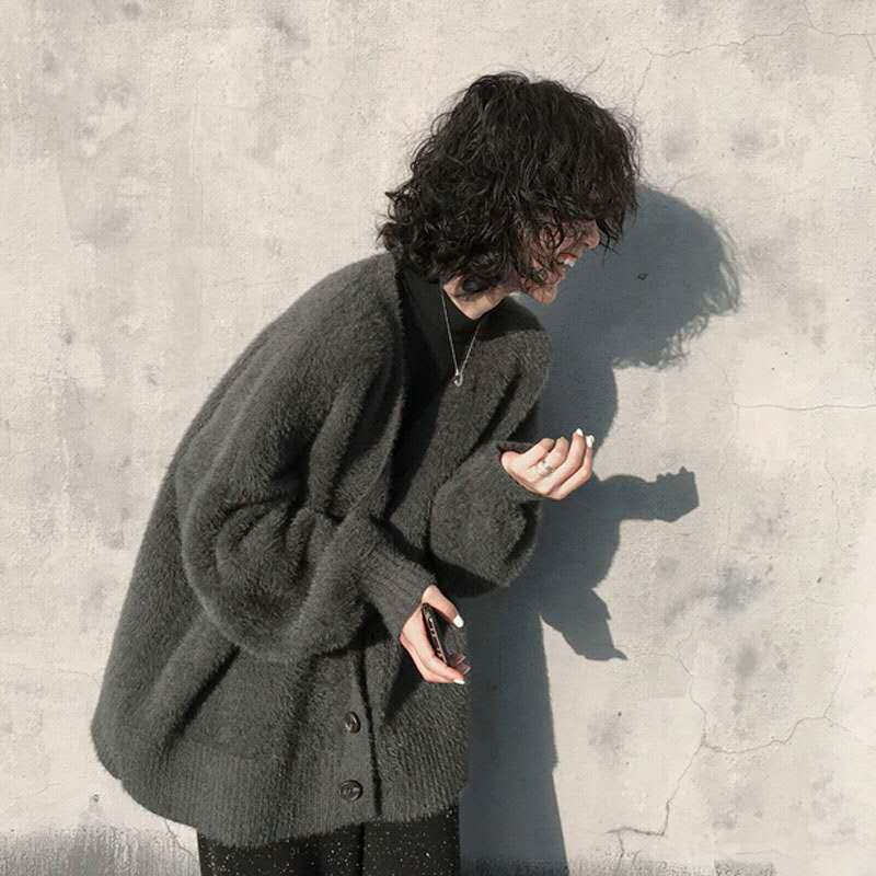 New autumn lazy style lantern sleeve imitation mink velvet loose sweater casual knitted cardigan coat for women thick