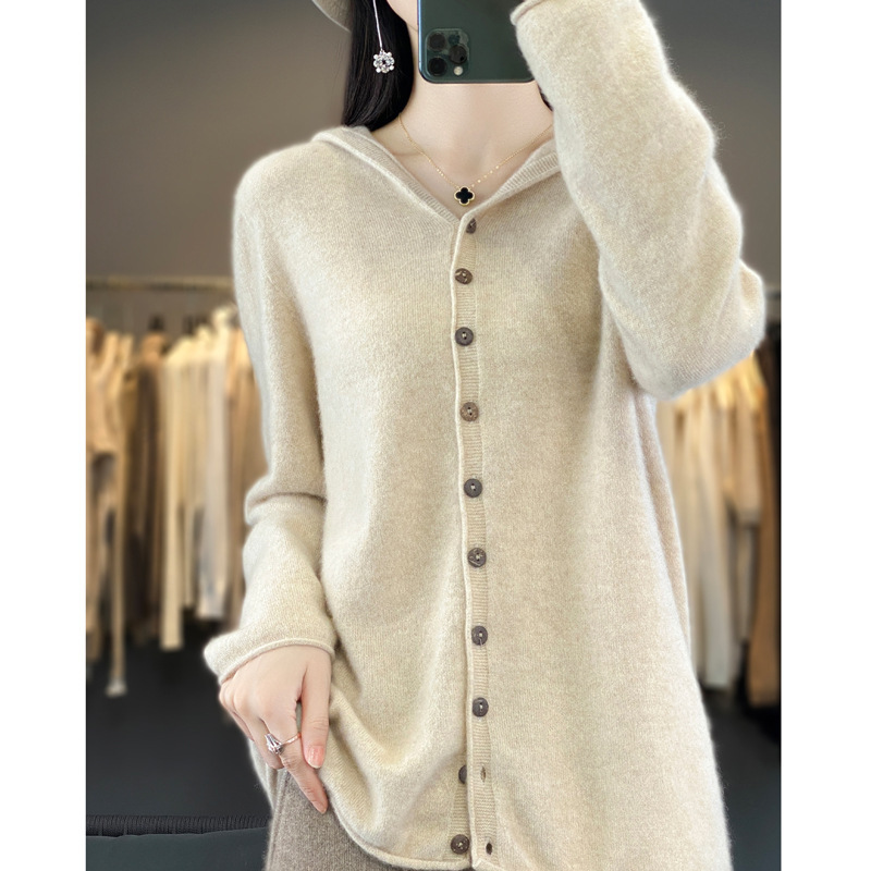 Autumn and winter wool hooded cardigan women's loose and versatile cashmere knitted sweater hooded curled top jacket