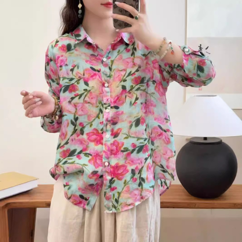 Korean style watercolor print shirt, loose and versatile, thin ramie floral top, French versatile top for women