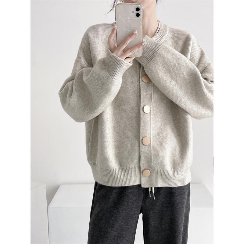 Sweater women's round neck 2024 autumn and winter new Korean style design single-breasted solid color casual knitted cardigan jacket