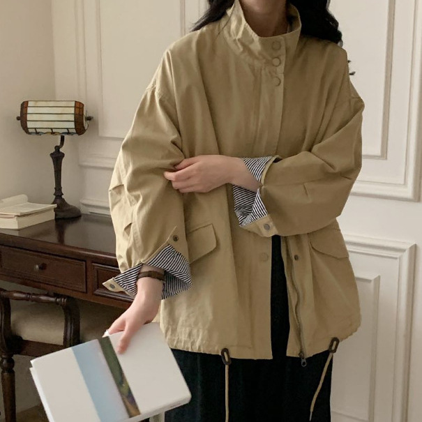 2024 Autumn New Casual Versatile Solid Color Top Cotton Loose Large Size Stand Collar Long Sleeve Double Layer Jacket Women