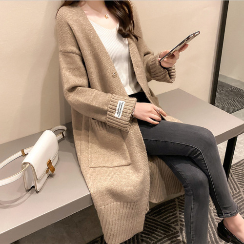 Mid-length over-the-knee sweater jacket V-neck women's cardigan 2024 autumn Korean style loose outer sweater