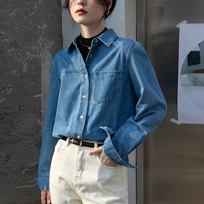Denim shirt for women, spring new style, blue jacket, loose shoulder, layered French shirt, long sleeves