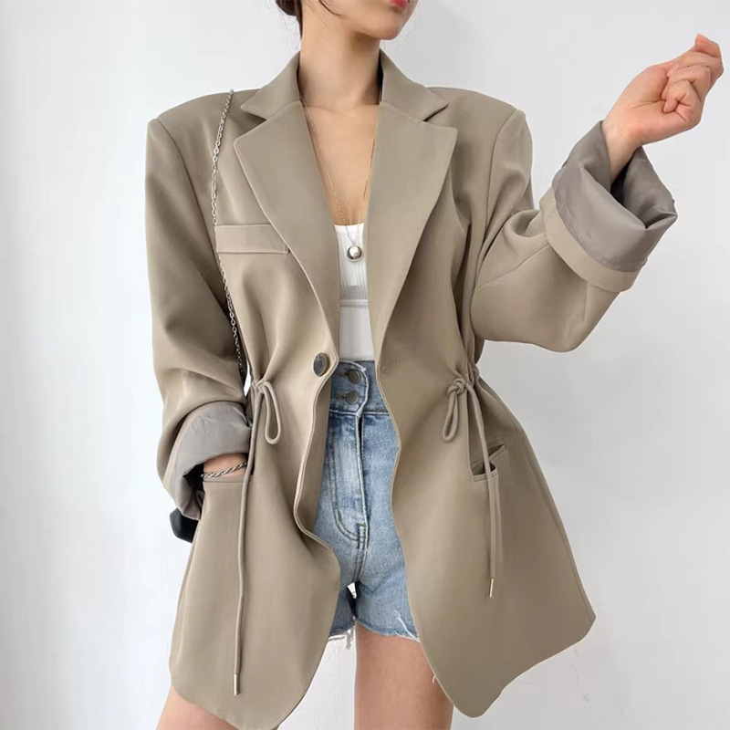 Korean chic autumn and winter French retro style suit collar drawstring waist slimming pocket versatile mid-length coat for women