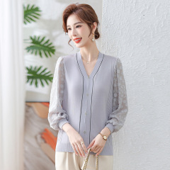 Young mother's thin gauze-sleeved shirt, middle-aged women's spring long-sleeved T-shirt, middle-aged and elderly spring and autumn style age-reducing tops