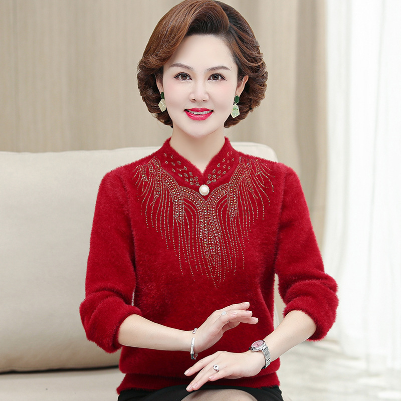 Middle-aged and elderly mother's wear cheongsam collar thickened imitation mink sweater middle-aged women's pullover fashionable loose knitted top