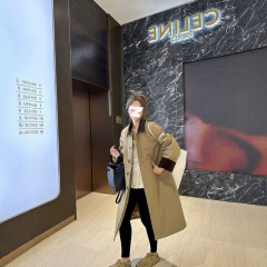 EEW*N Paris Street Brown Color Block Cotton Windbreaker Jacket Mid-Length Contrast Design