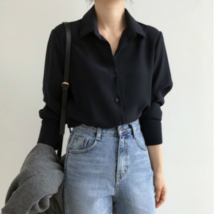 2024 Spring and Autumn Shirt Women's Long Sleeve Spring Design Niche Black Top Hong Kong Style Retro Temperament Belly Covering Shirt