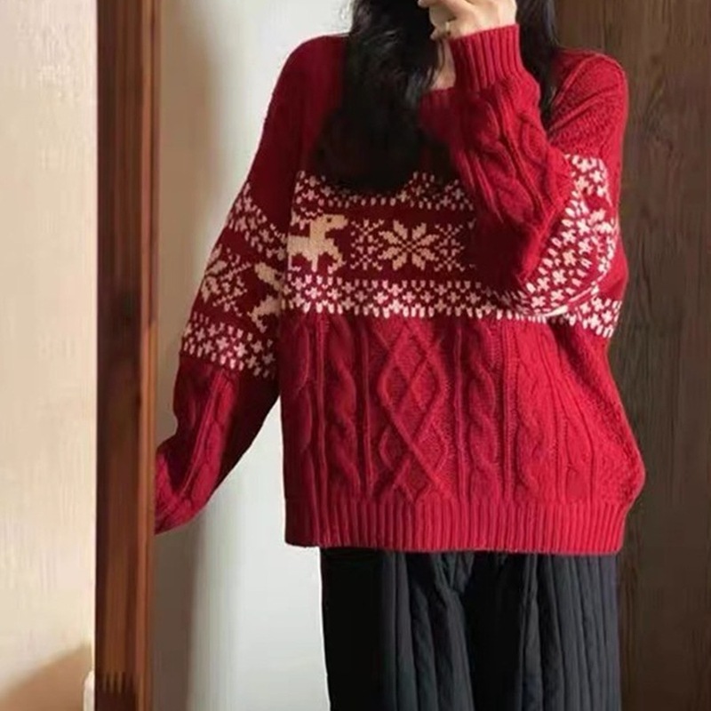 Autumn and winter thickening 2024 new popular style lazy style twist knitted sweater soft waxy pullover Christmas red sweater for women