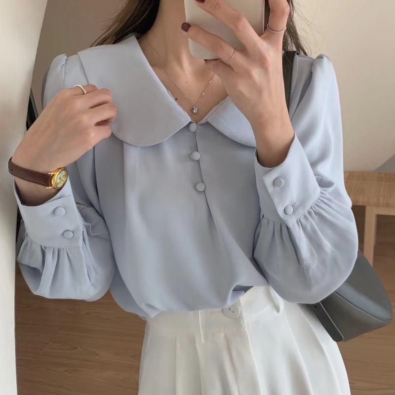 Baby doll collar chiffon shirt women's spring and summer new style French retro puff sleeve comfortable and elegant top