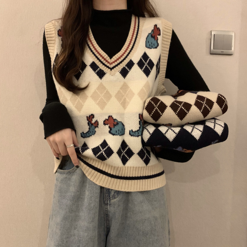 2024 new Korean style loose outer wear V-neck jacquard diamond knitted autumn and winter thick coat sweater vest vest