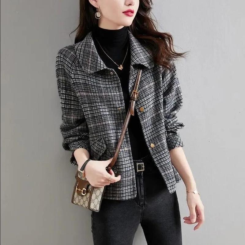 Xiaoxiangfeng Woolen Jacket Women's Autumn and Winter New Korean Style Versatile Short Plaid Tweed Jacket for Small People