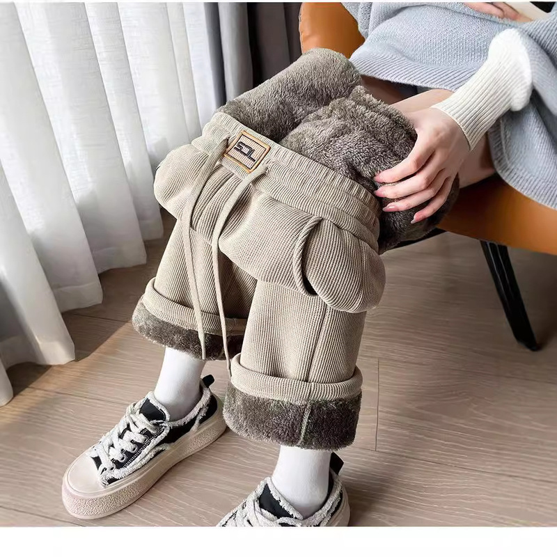Women's sherpa trousers with velvet and thickening 2024 autumn and winter new style casual straight pants with slim waist and versatile wide-leg pants