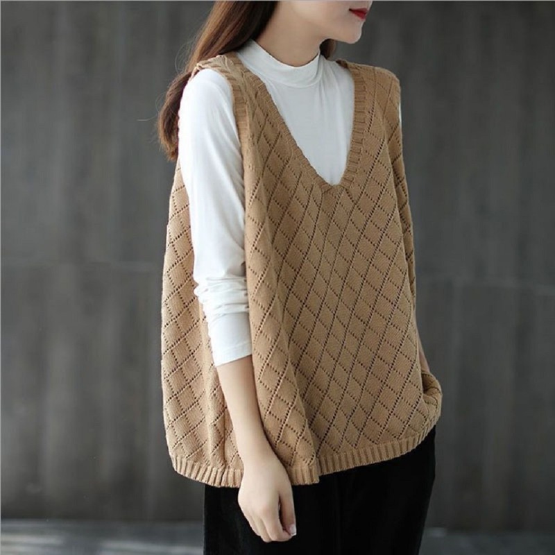 Cross-border spring and autumn loose knitted vest retro solid color pullover v-neck hollow sweater vest women's plaid jacket