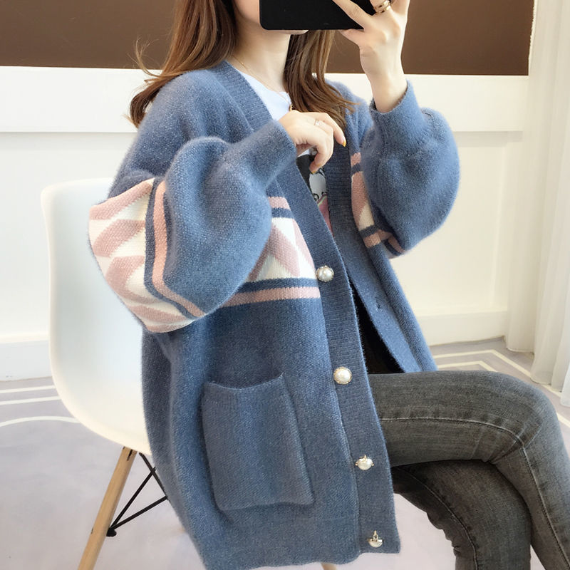 Cross-border mink velvet jacket plus size women's sweater 200 fat mm knitted cardigan Korean style loose lazy top trendy