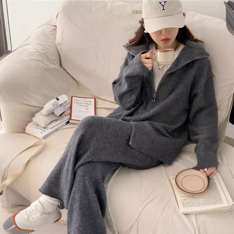 Korean style lapel zipper long-sleeved sweater jacket two-piece set autumn and winter new knitted sweater women's wide-leg pants suit women
