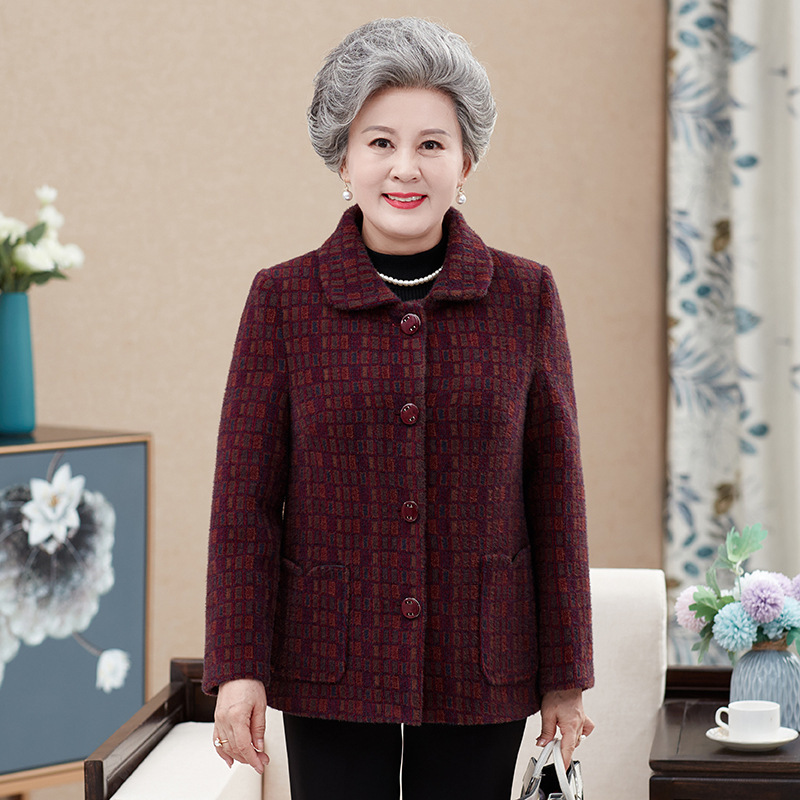 Grandma's autumn woolen cotton coat, 60-year-old middle-aged and elderly ladies, velvet and thickened woolen mother's winter coat