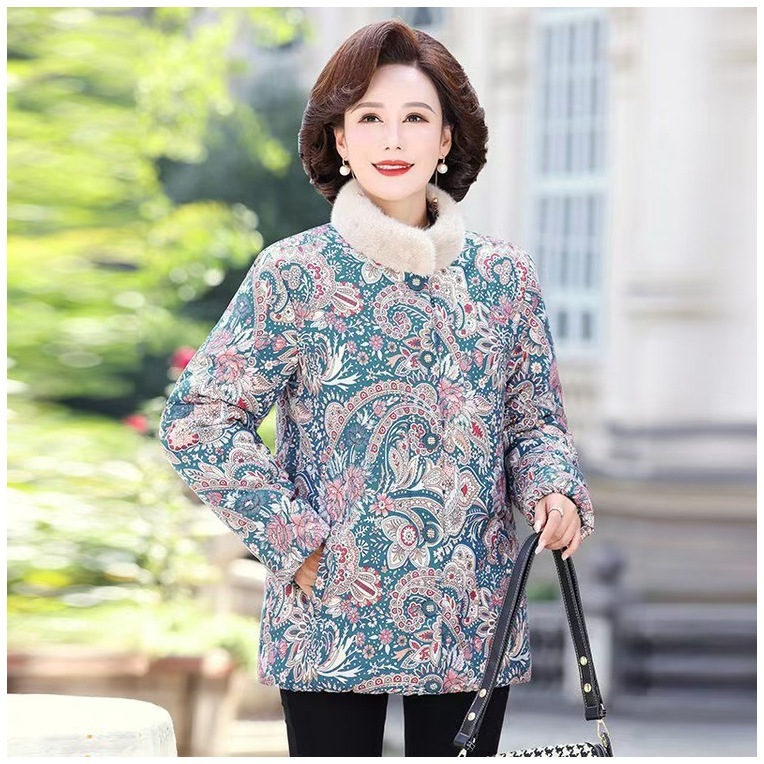 2024 Mom's Winter Cotton Coat Jacket Plus Velvet Thickened Cotton Jacket New Middle-aged Women's Short Stand Collar Cotton Coat Women's Clothing