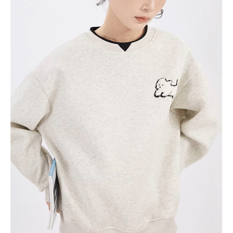 "GUIER" round neck fake two-piece sweatshirt for women spring and autumn 2024 new puppy embroidered loose top for women