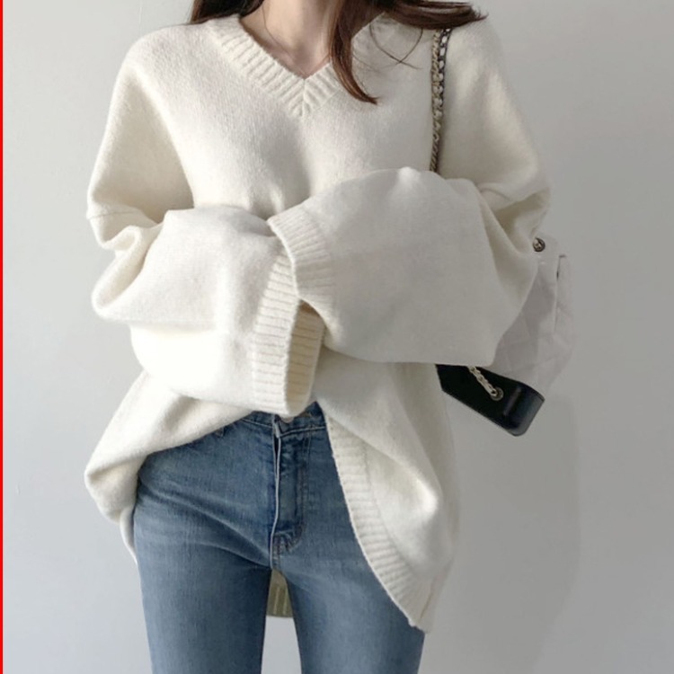 2024 early spring V-neck pullover loose white bottoming sweater for women Korean lazy style black sweater for women