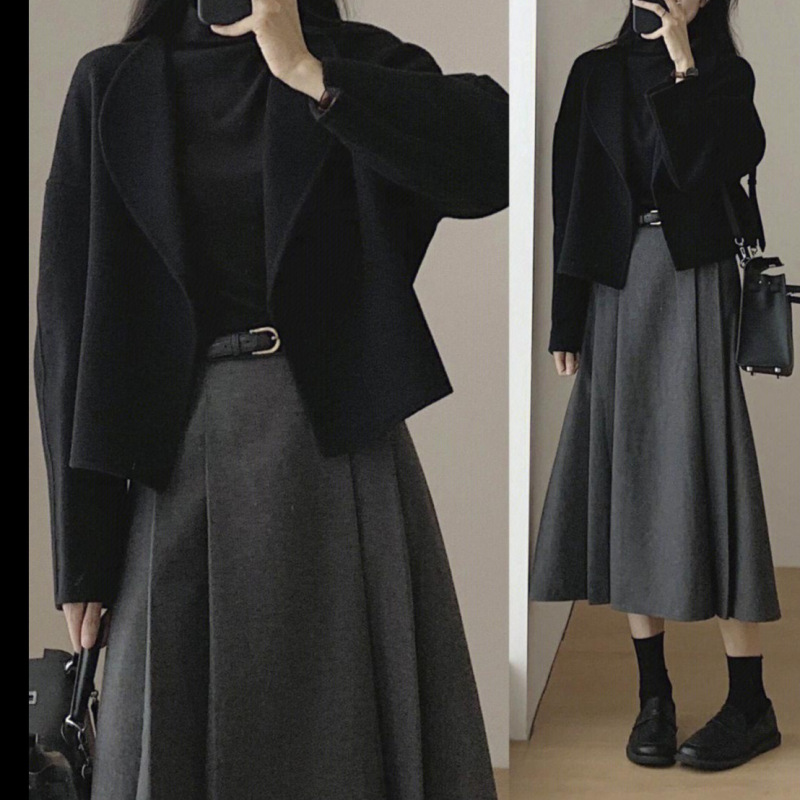 French style woolen top for women autumn and winter 2024 new design mid-length high-waist slim pleated skirt