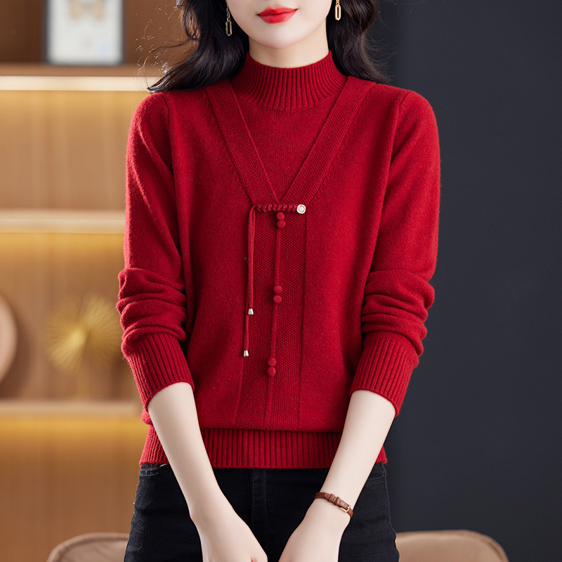 New Chinese style knitted bottoming shirt middle-aged mother autumn fake two-piece sweater 2024 new autumn and winter red top