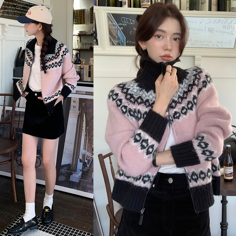 Fair Isle retro software thick sweater jacket women's autumn and winter lazy niche age-reducing cashmere knitted cardigan trend