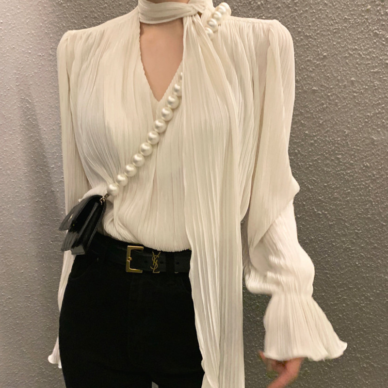 New Korean chic spring clothes, niche design, pleated laces, bell sleeves, shirts and tops cross-border