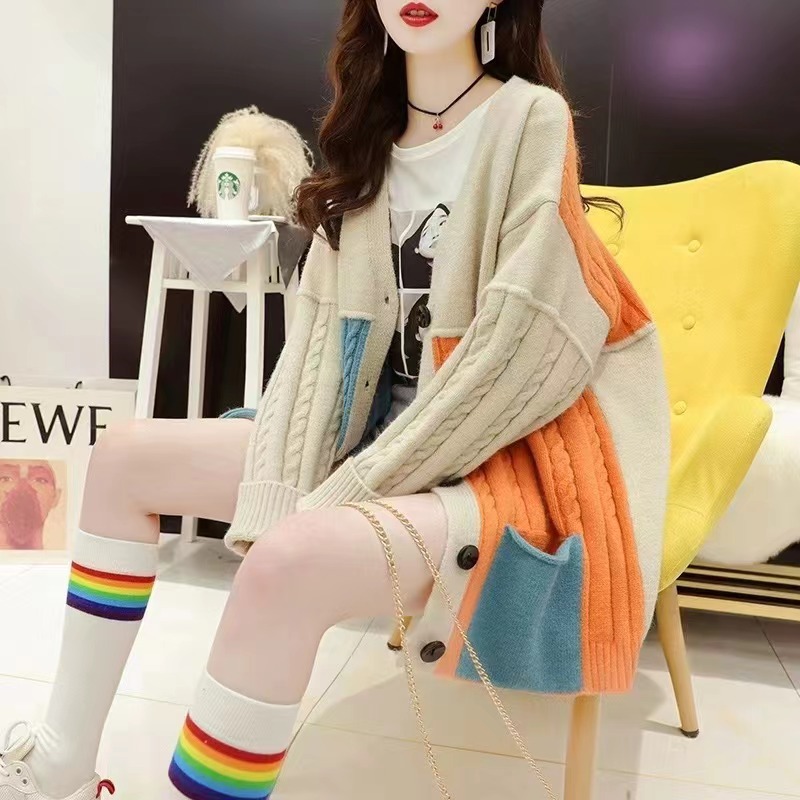 2024 new autumn and winter Korean style patchwork knitted cardigan for women, loose, lazy style, fashionable and versatile women's sweater jacket