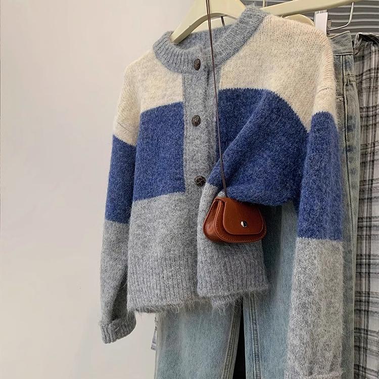 Contrast striped sweater jacket for women autumn and winter 2024 new style retro lazy style versatile knitted cardigan