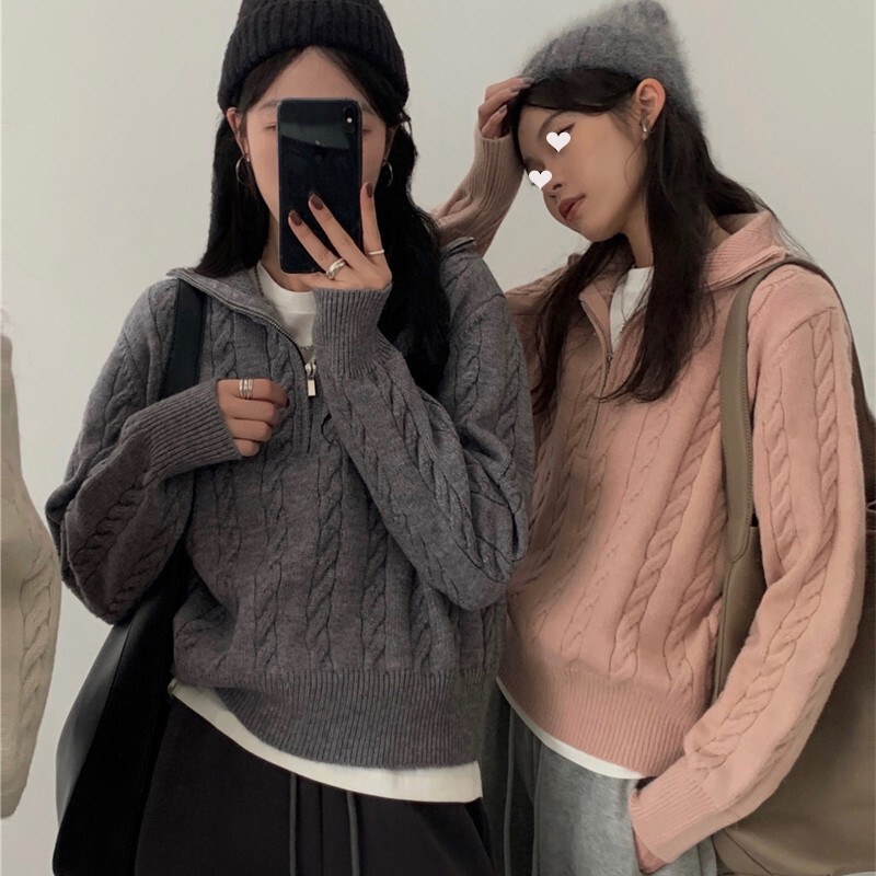 Retro design twist knitted sweater for women in autumn and winter new Korean style POLO collar zipper pullover soft waxy sweater jacket