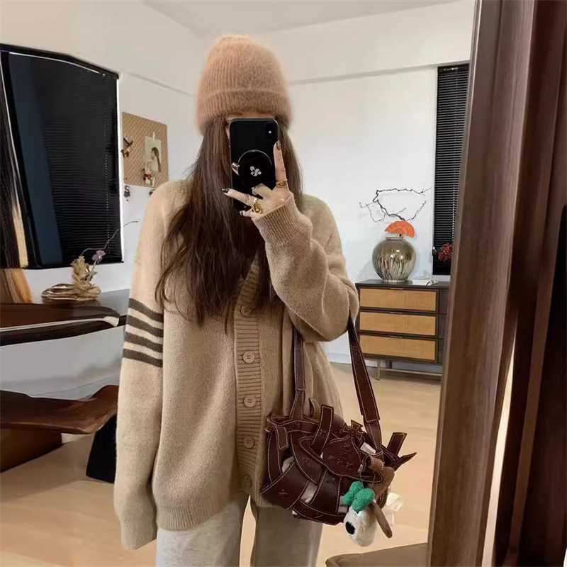 Korean style color block striped V-neck knitted cardigan new autumn and winter women's casual college style loose sweater jacket for women